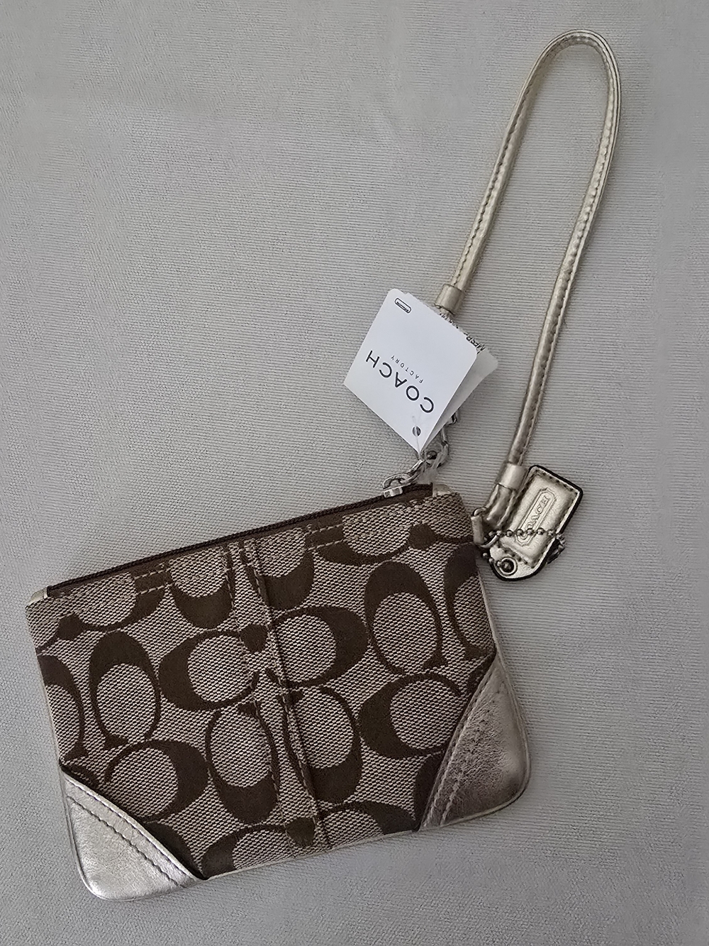Coach Brown Signature Canvas Wristlet with Metallic Gold Trim